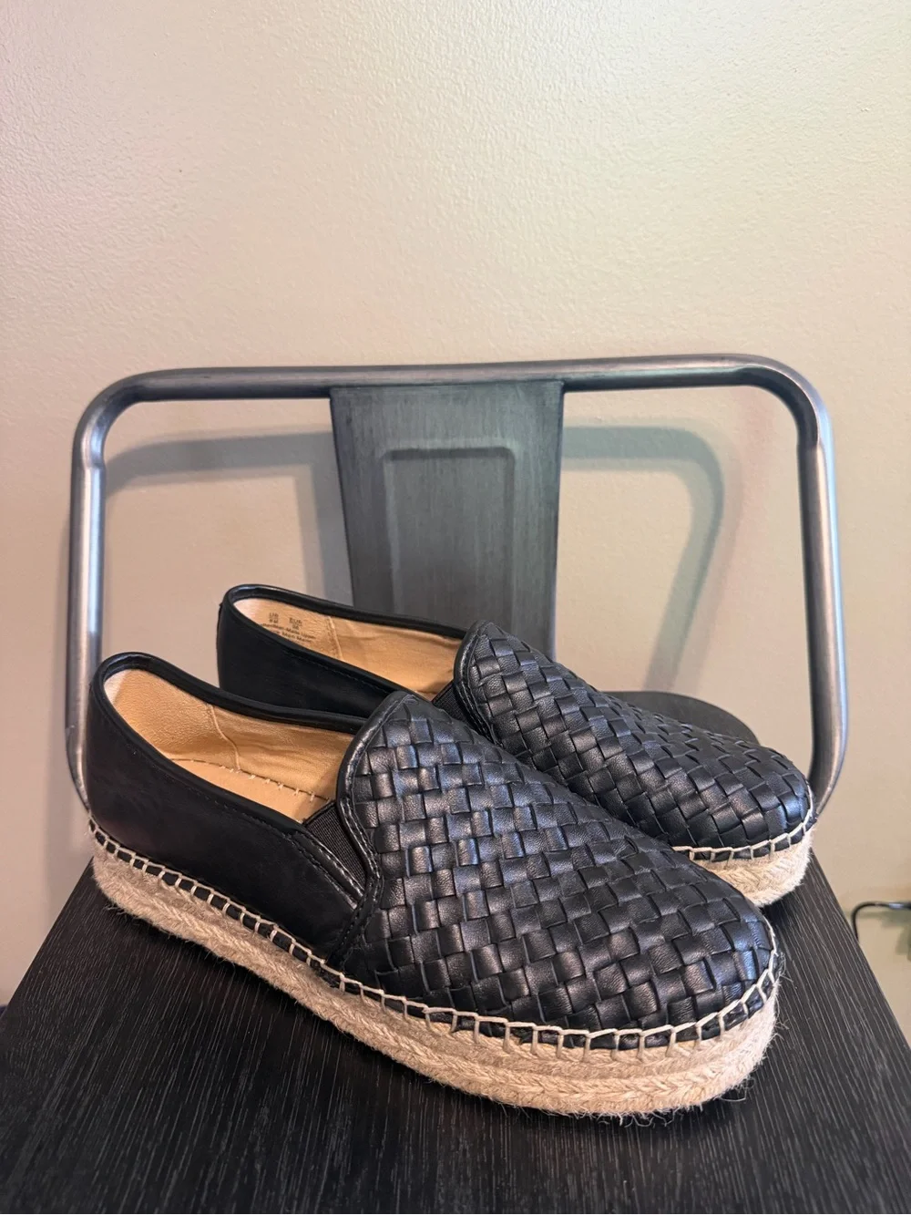 Sam Edelman Catherine Woven Platform Espadrilles Black Leather Slip On 8